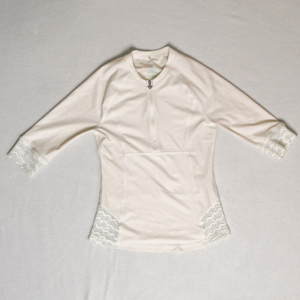 New prAna Brigitte White Sun Top Rash Guard Crochet Detail
